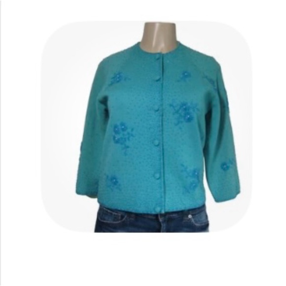 Vintage 60s Teal beaded embroidered Floral Button-Up Cardigan